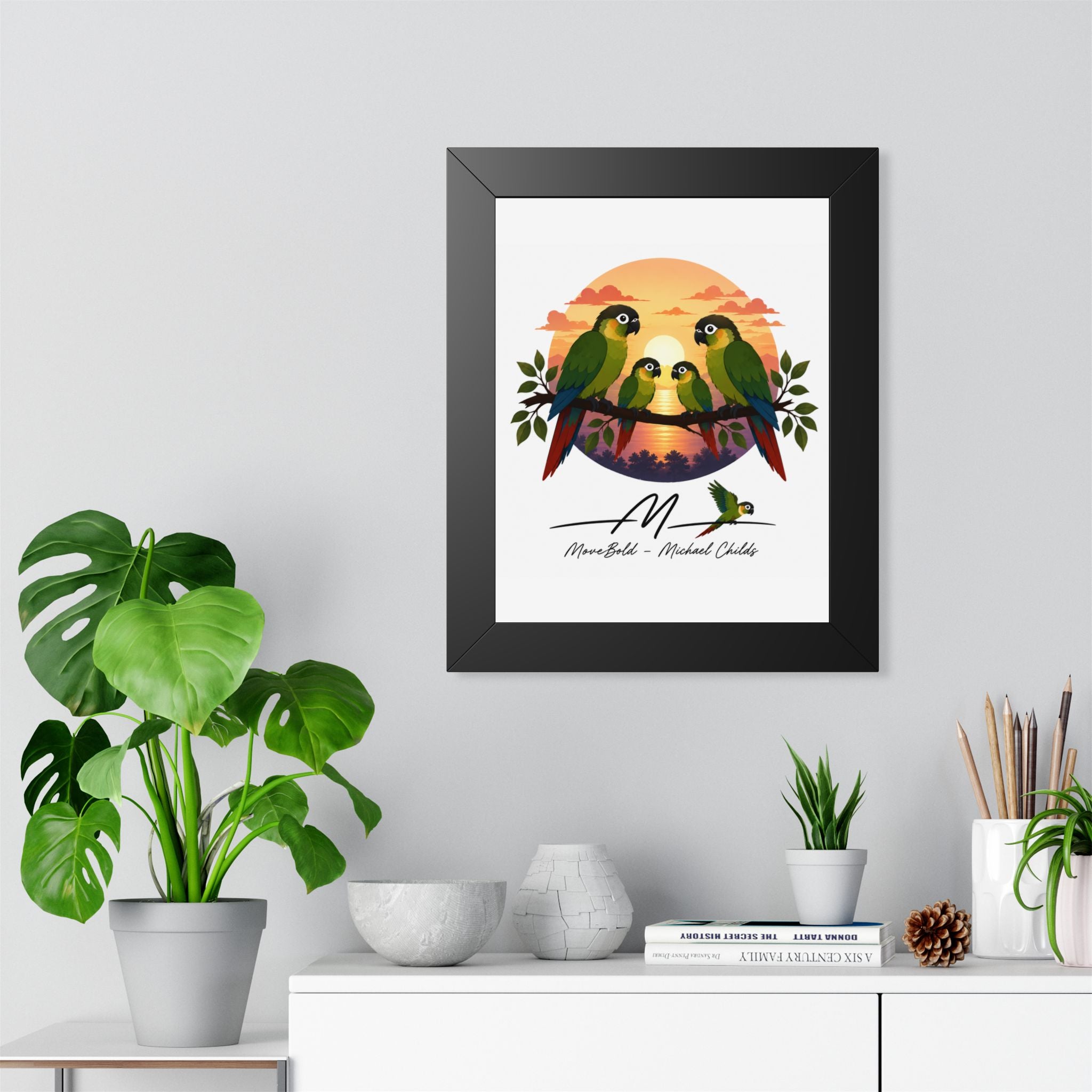 Green cheeked conure family Framed Vertical Poster