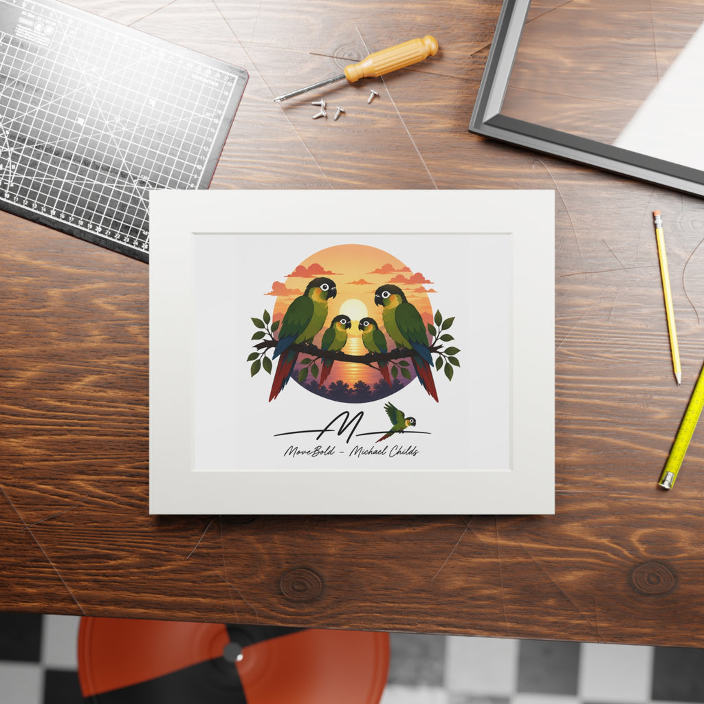 Green chèeked conure familyFine Art Prints (Passepartout Paper Frame)