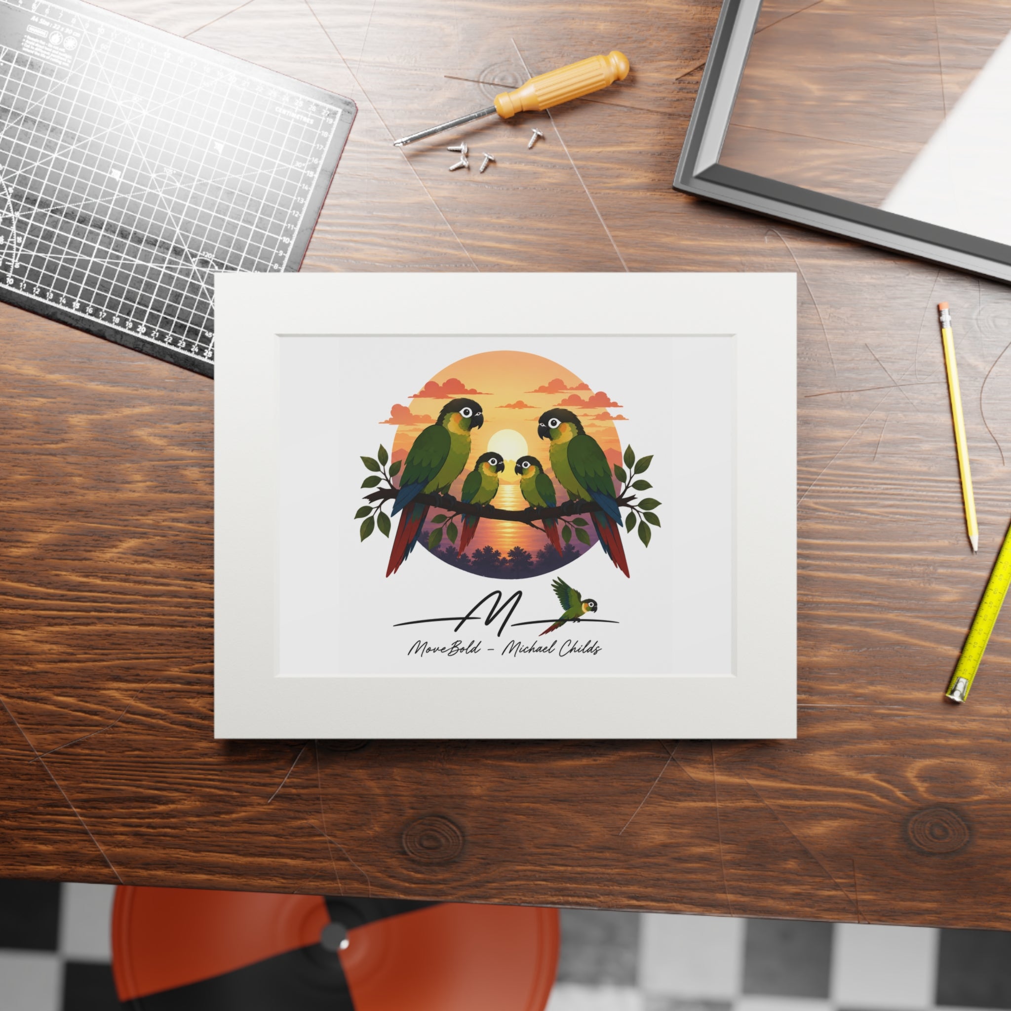 Green chèeked conure familyFine Art Prints (Passepartout Paper Frame)