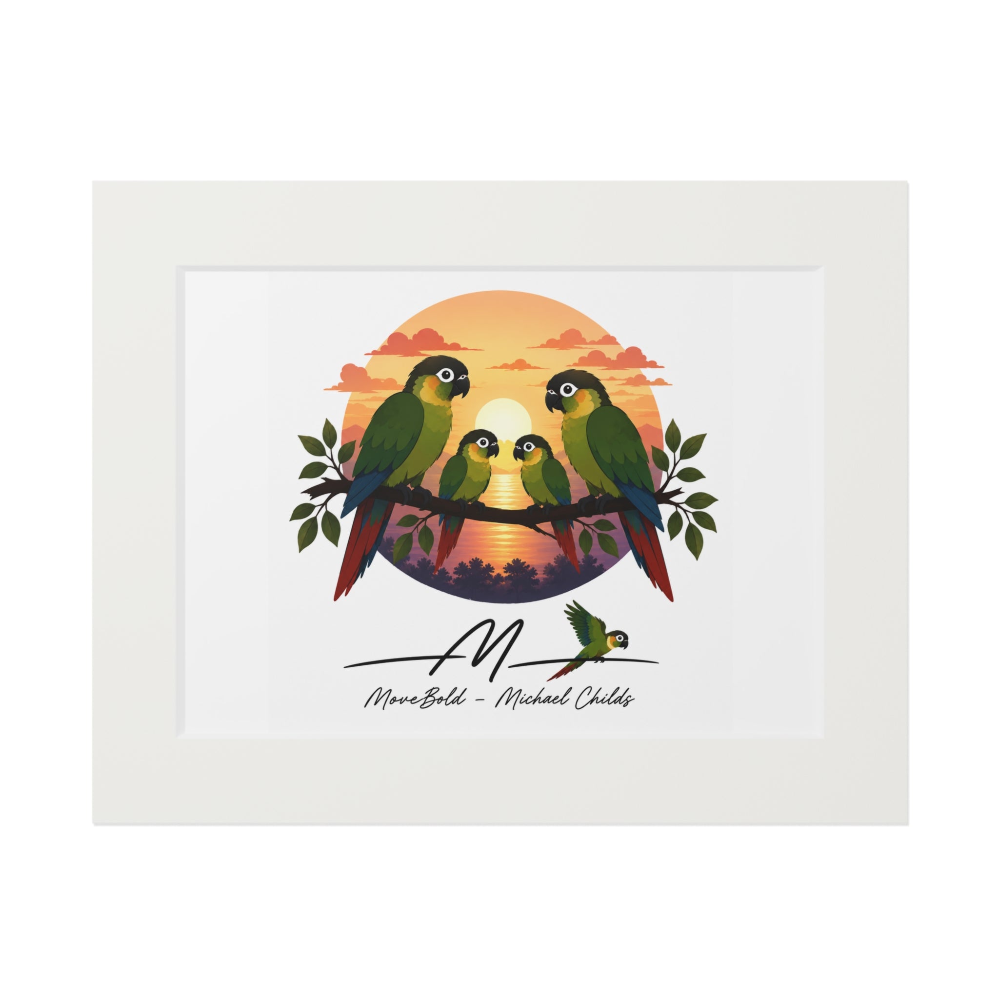 Green chèeked conure familyFine Art Prints (Passepartout Paper Frame)