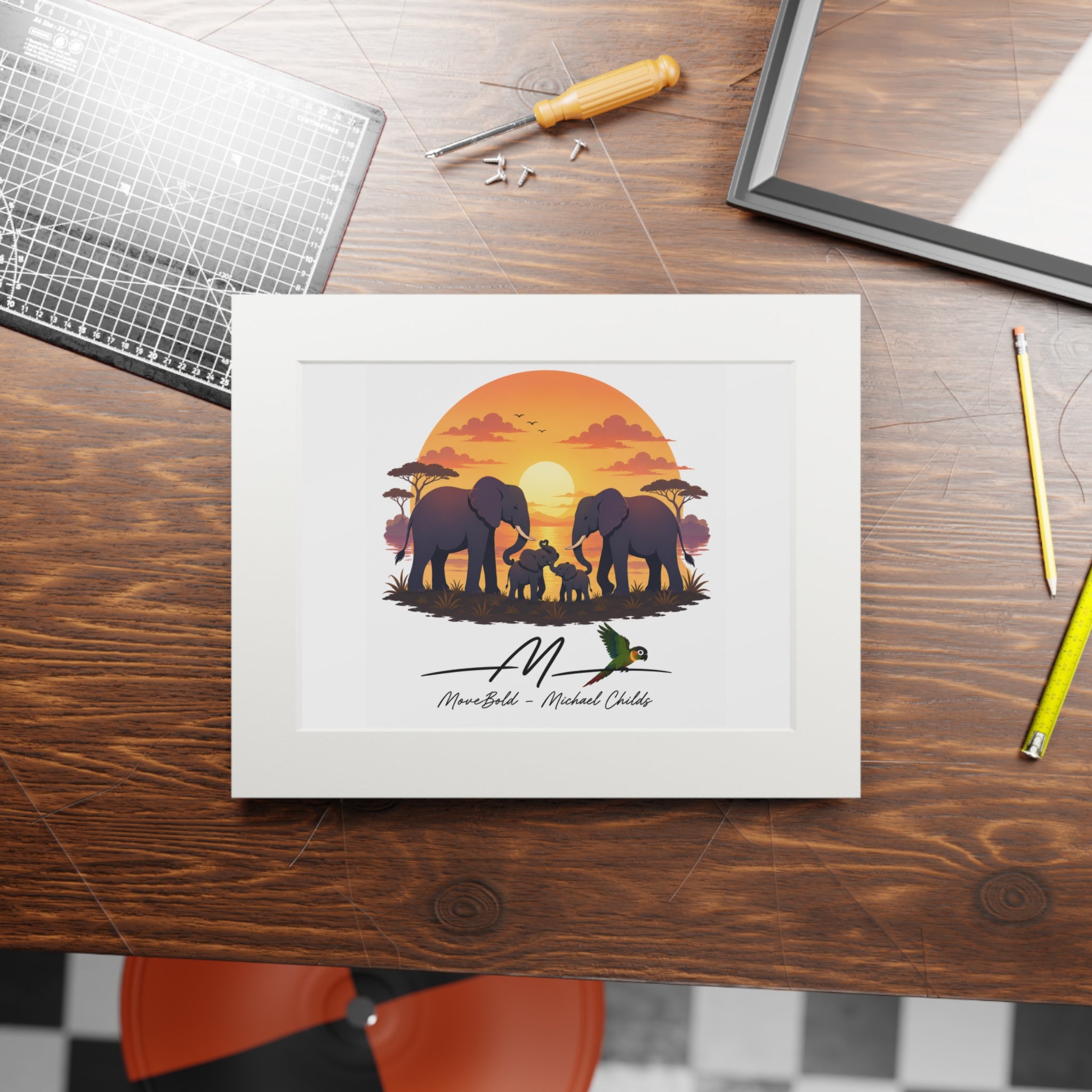 Elephant family ine Art Prints (Passepartout Paper Frame)