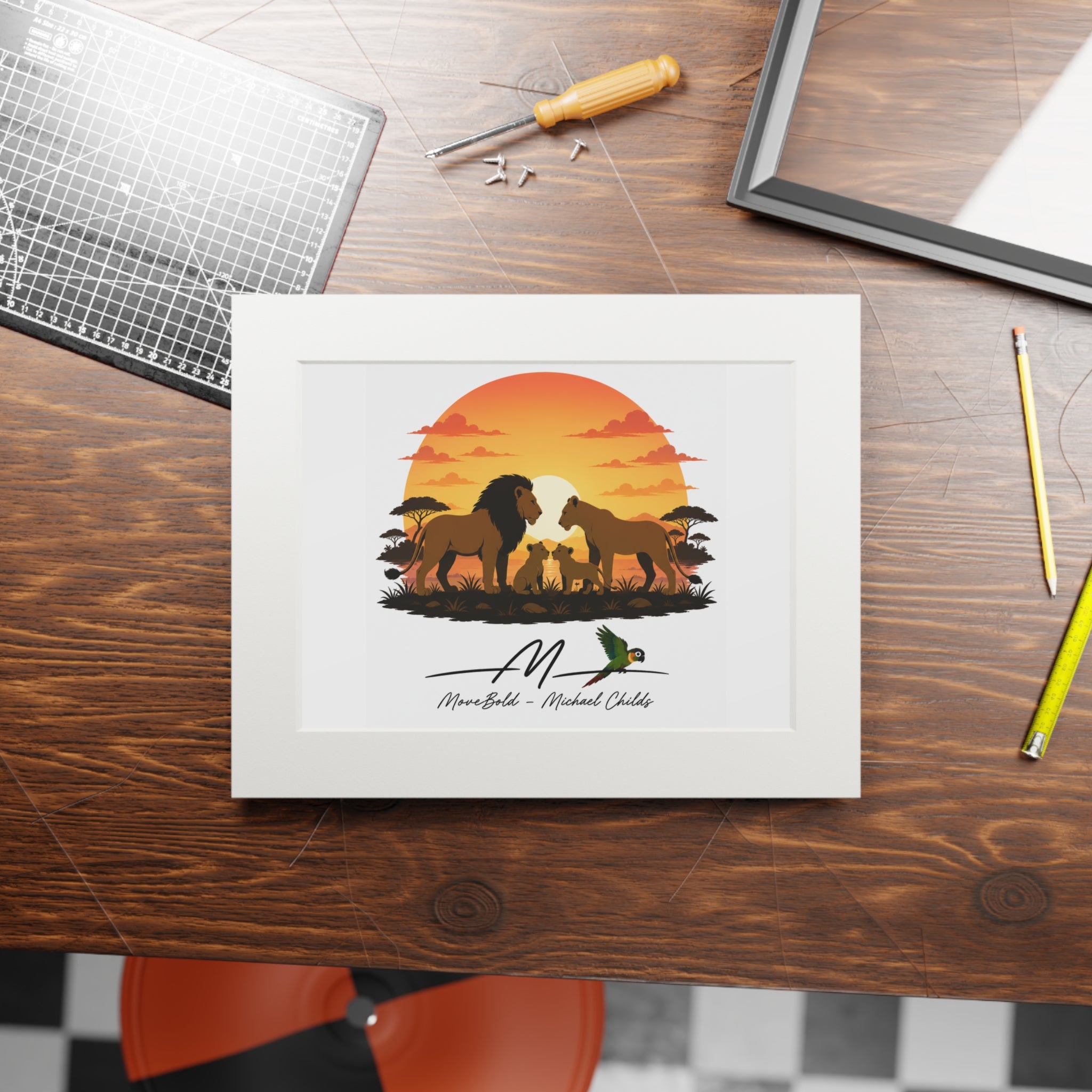 Lion family Fine Art Prints (Passepartout Paper Frame)