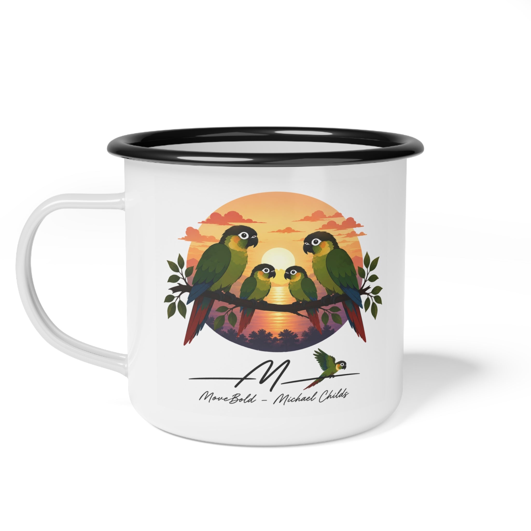Green cheeked conure family Enamel Camp Cup