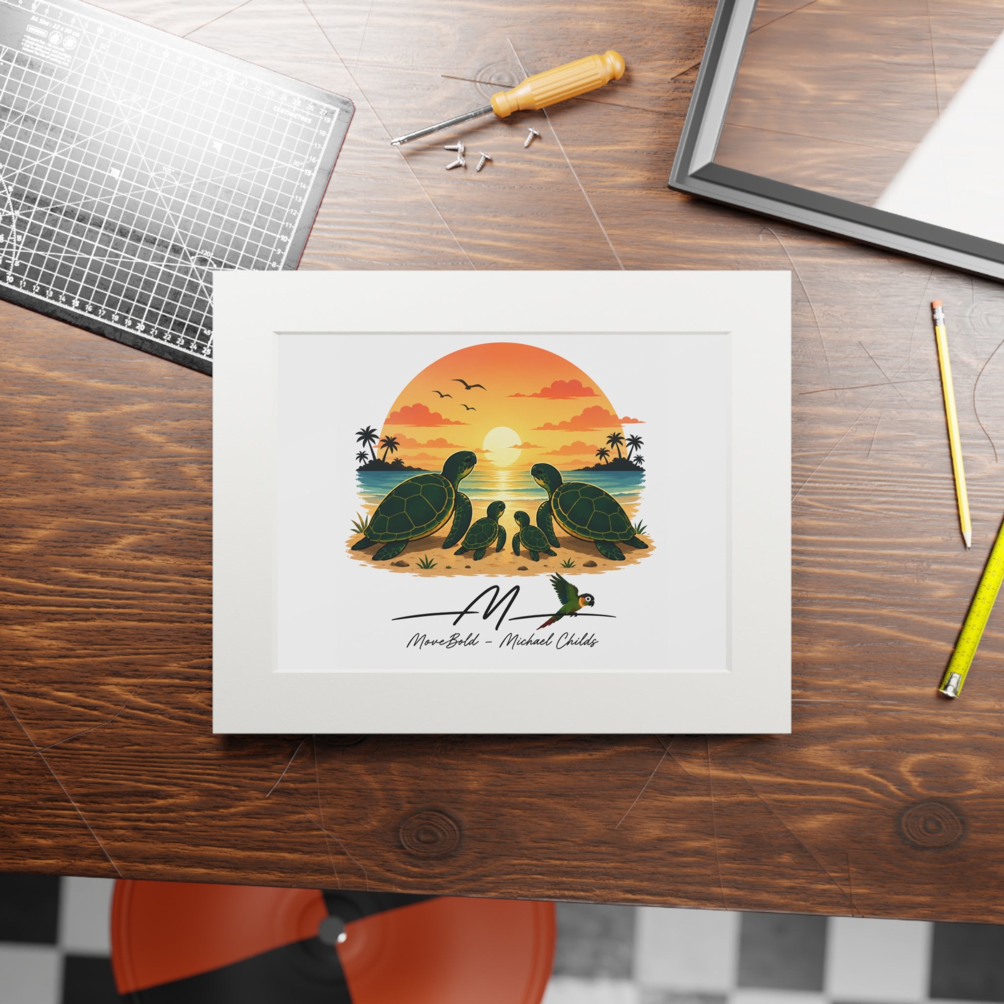 Turtle family Fine Art Prints (Passepartout Paper Frame)