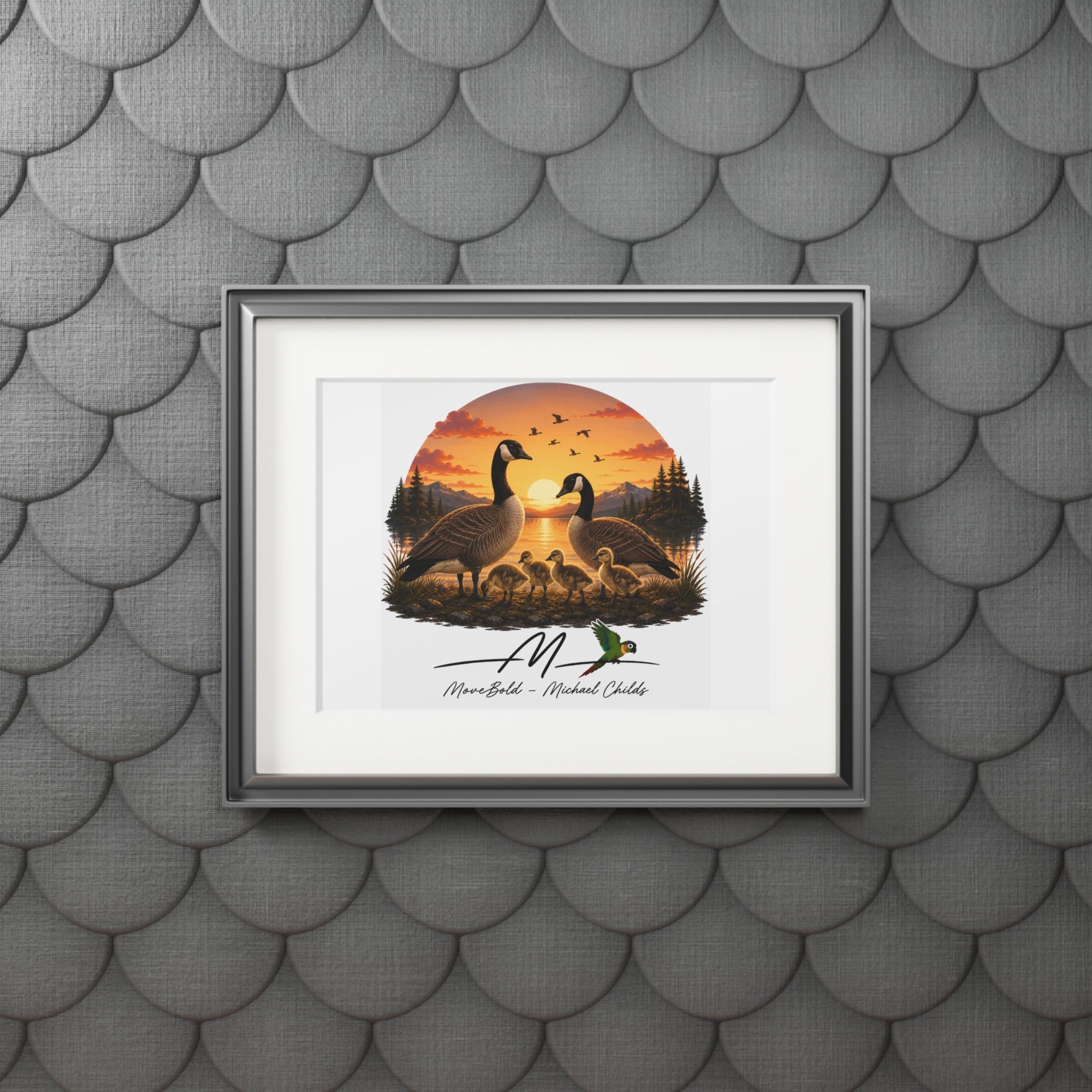 Canadian gray goose family Fine Art Prints (Passepartout Paper Frame)