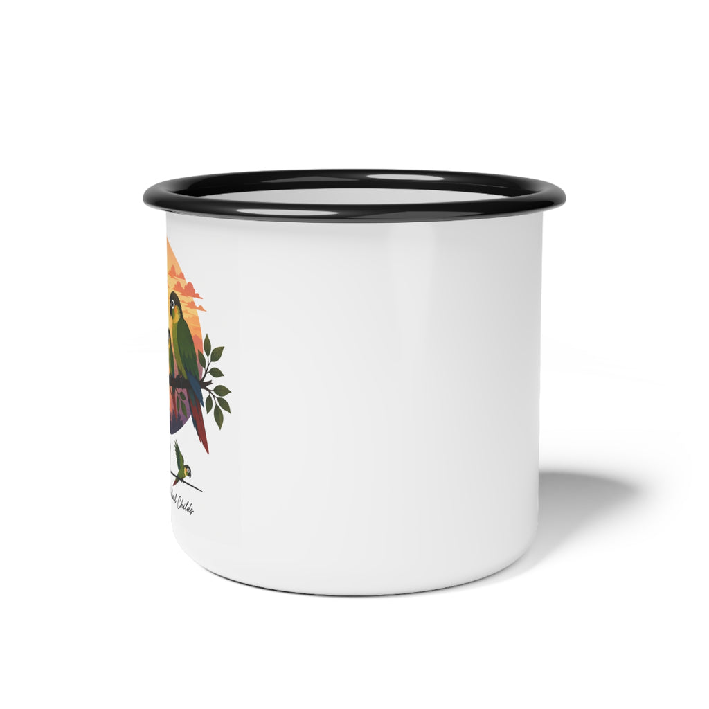 Green cheeked conure family Enamel Camp Cup