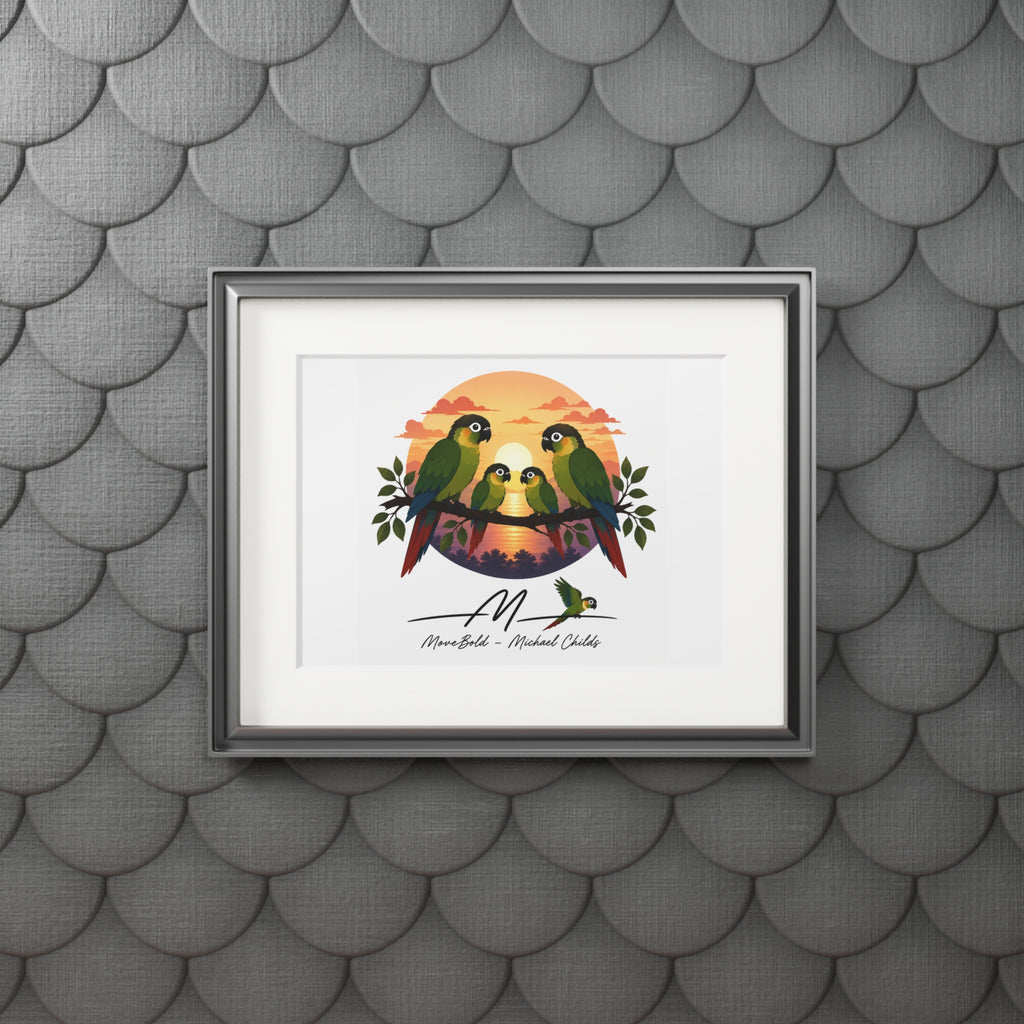 Green chèeked conure familyFine Art Prints (Passepartout Paper Frame)