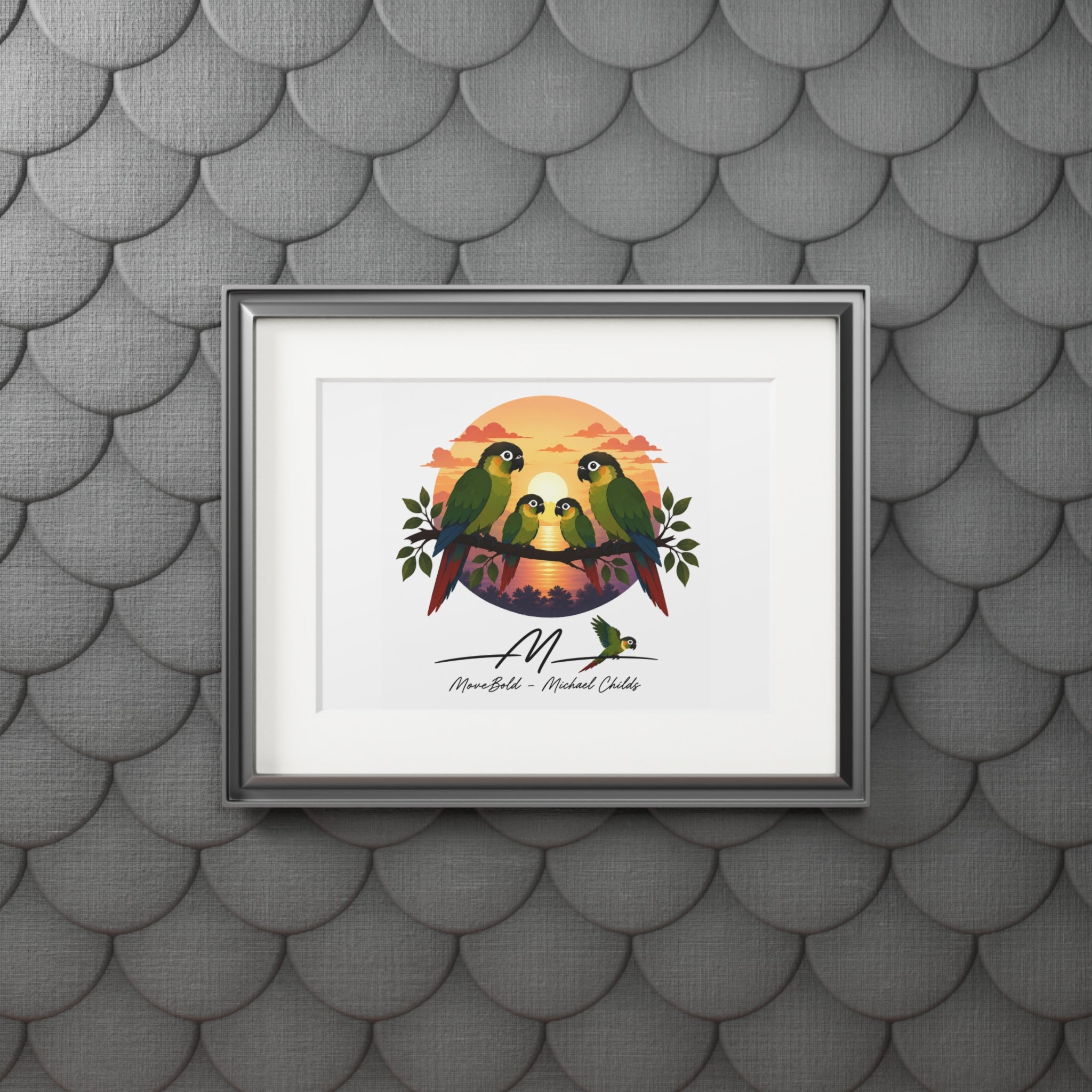 Green chèeked conure familyFine Art Prints (Passepartout Paper Frame)