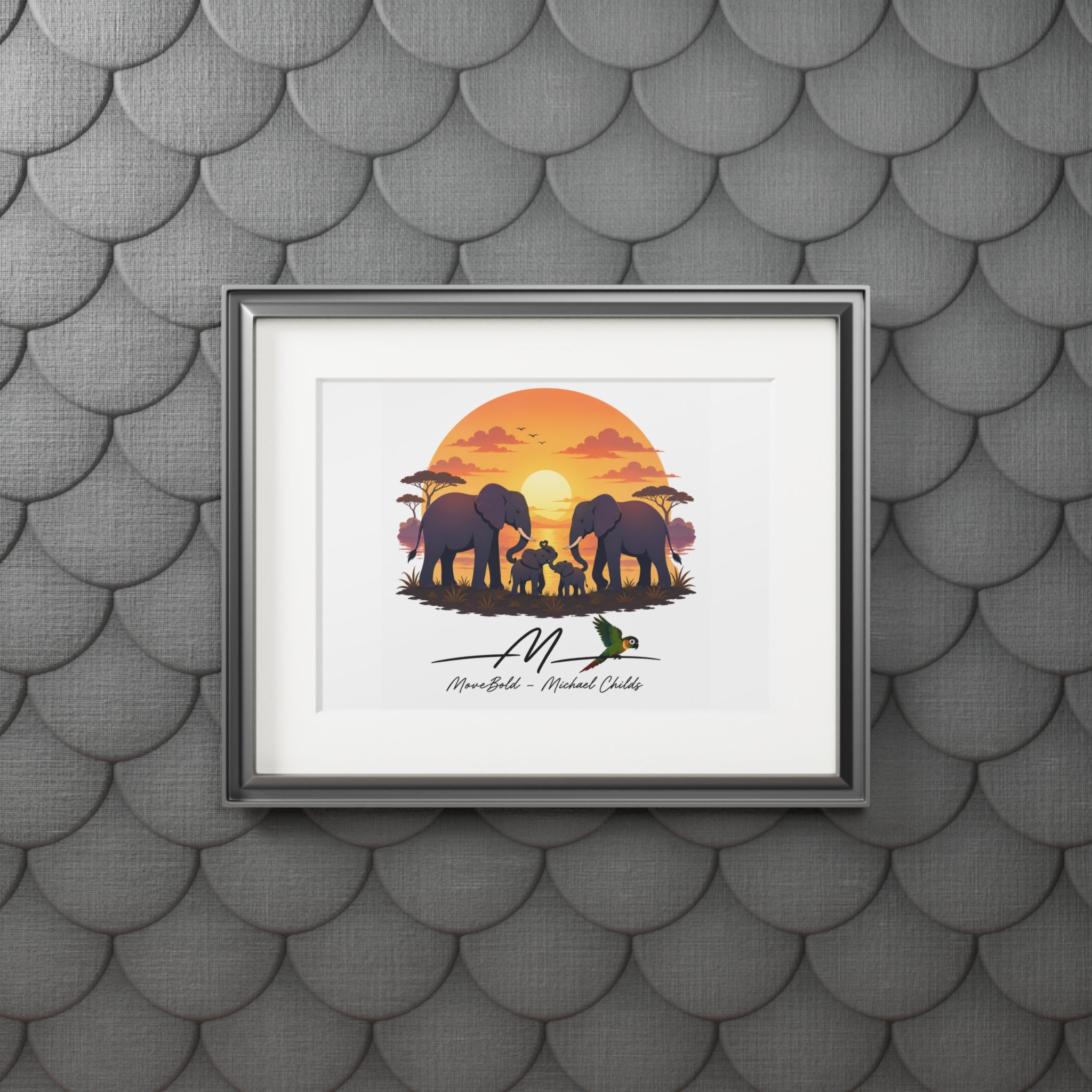 Elephant family ine Art Prints (Passepartout Paper Frame)