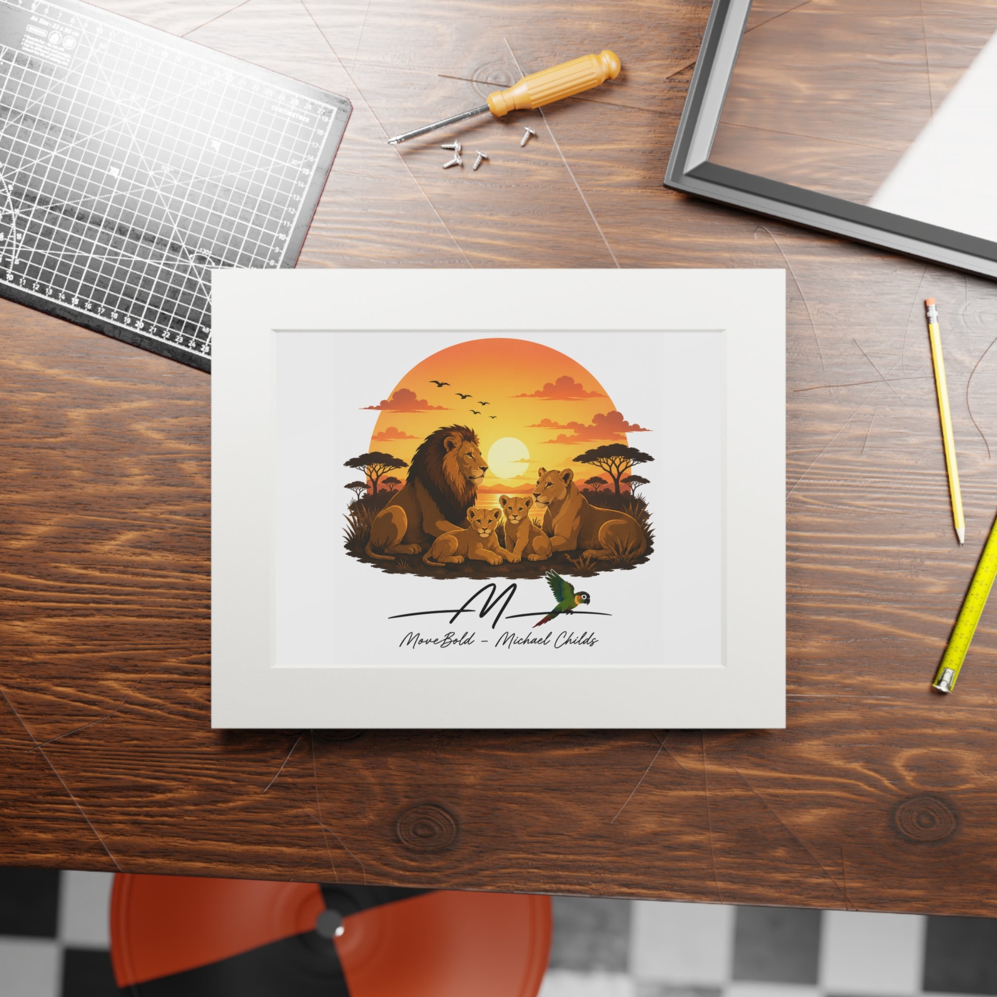 Lion family Fine Art Prints (Passepartout Paper Frame)