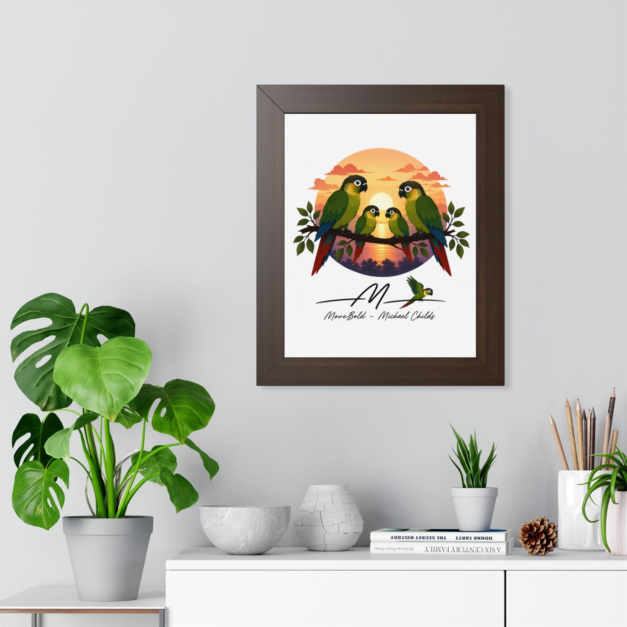 Green cheeked conure family Framed Vertical Poster